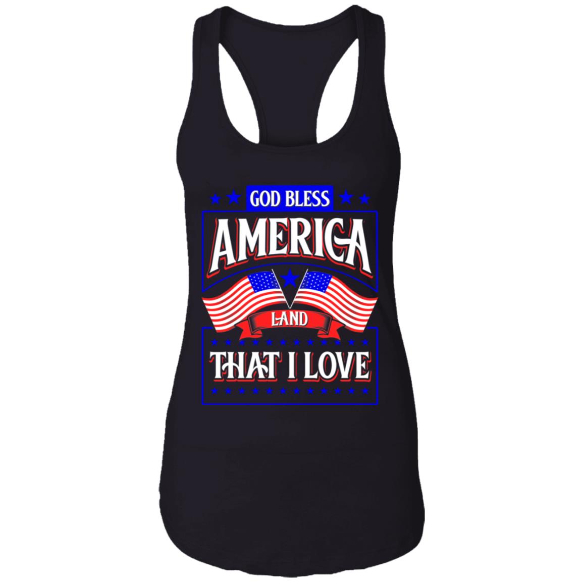 God Bless America Land That I Love Cotton Tank Top Tee - Patriotic July 4th Ladies Racerback Tank, Black, Ladies Racerback Tank