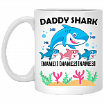 Personalized Daddy Shark With 3 Kids Ceramic Coffee Mug - Beer Stein - Water Bottle - Dad Shark Gifts, White, 11 oz. White Mug