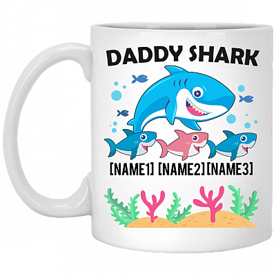 Personalized Daddy Shark With 3 Kids Ceramic Coffee Mug - Beer Stein - Water Bottle - Dad Shark Gifts, White, 11 oz. White Mug