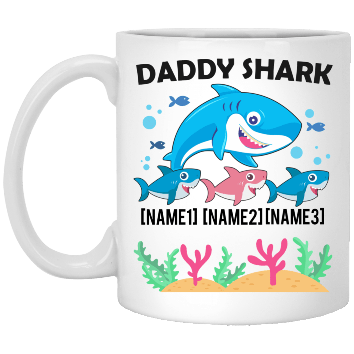Personalized Daddy Shark With 3 Kids Ceramic Coffee Mug - Beer Stein - Water Bottle - Dad Shark Gifts, White, 11 oz. White Mug