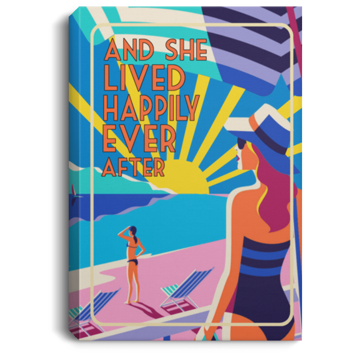 She Lived Happily Ever After Framed Canvas Unframed Poster - Funny Beach Sand Sunshine Girl Wall Art Decor, White, 0.75'' Framed Canvas