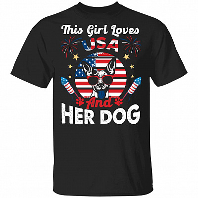 This Girl Loves USA and Her Dog T-Shirt - V-Neck Tee - Dog 4th of July Shirt, Black, Unisex T-Shirt