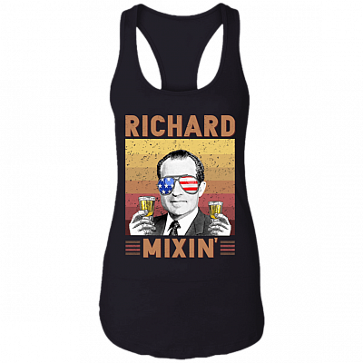 Vintage Richard Mixin' 4th Of July US President Drinking Team Cotton Tank Top - Racerback Tank, Black, Ladies Racerback Tank