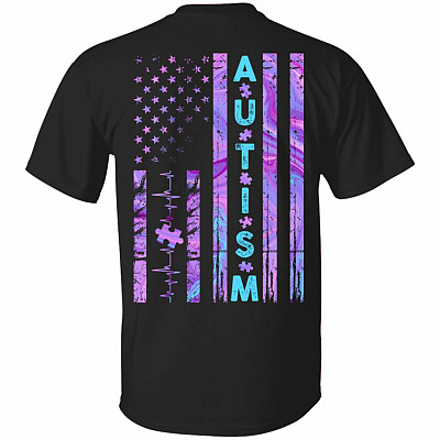 Autism American Flag Print On Back Only - Plain Front T-Shirt - Autism Awareness Shirt, Black, Unisex T-Shirt