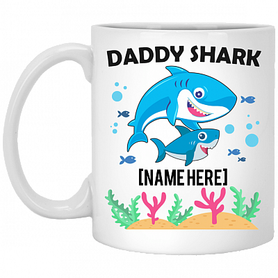 Personalized Daddy Shark With 1 Kid Ceramic Coffee Mug - Beer Stein - Water Bottle - Dad Shark Gifts, White, 11 oz. White Mug
