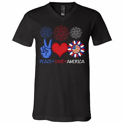 Peace Love America Sunflower 4th of July Shirt America Flag T-Shirt - Happy Patriotic 4th July Day T-Shirt, Black, V-Neck T-Shirt