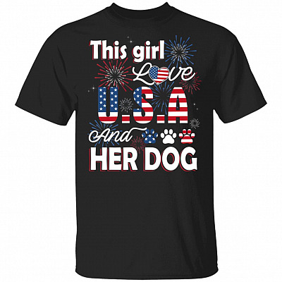 This Girl Loves USA And Her Dog T-Shirt - Funny Independence Day Shirt, Black, Unisex T-Shirt