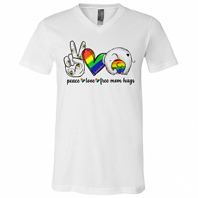 Peace Love Free Mom Hugs Elephant LGBT T-Shirt - V-Neck - LGBT Pride Shirt, White, V-Neck T-Shirt