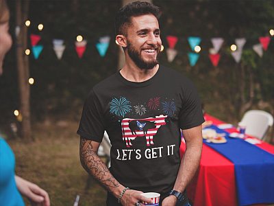 Happy Patriotic 4th July Fireworks Weed T-Shirt - Proud 4th July America USA Flag Let's Get It Cannabis Shirt-smiling-man-wearing-a-tshirt-mockup-at-a-4th-of-july-bbq