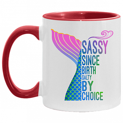 Mer-Maid Sassy Since Birth Salty by Choice Beach Lover Sarcasm Accent Mug, White/Red, 11 oz. Accent Mug