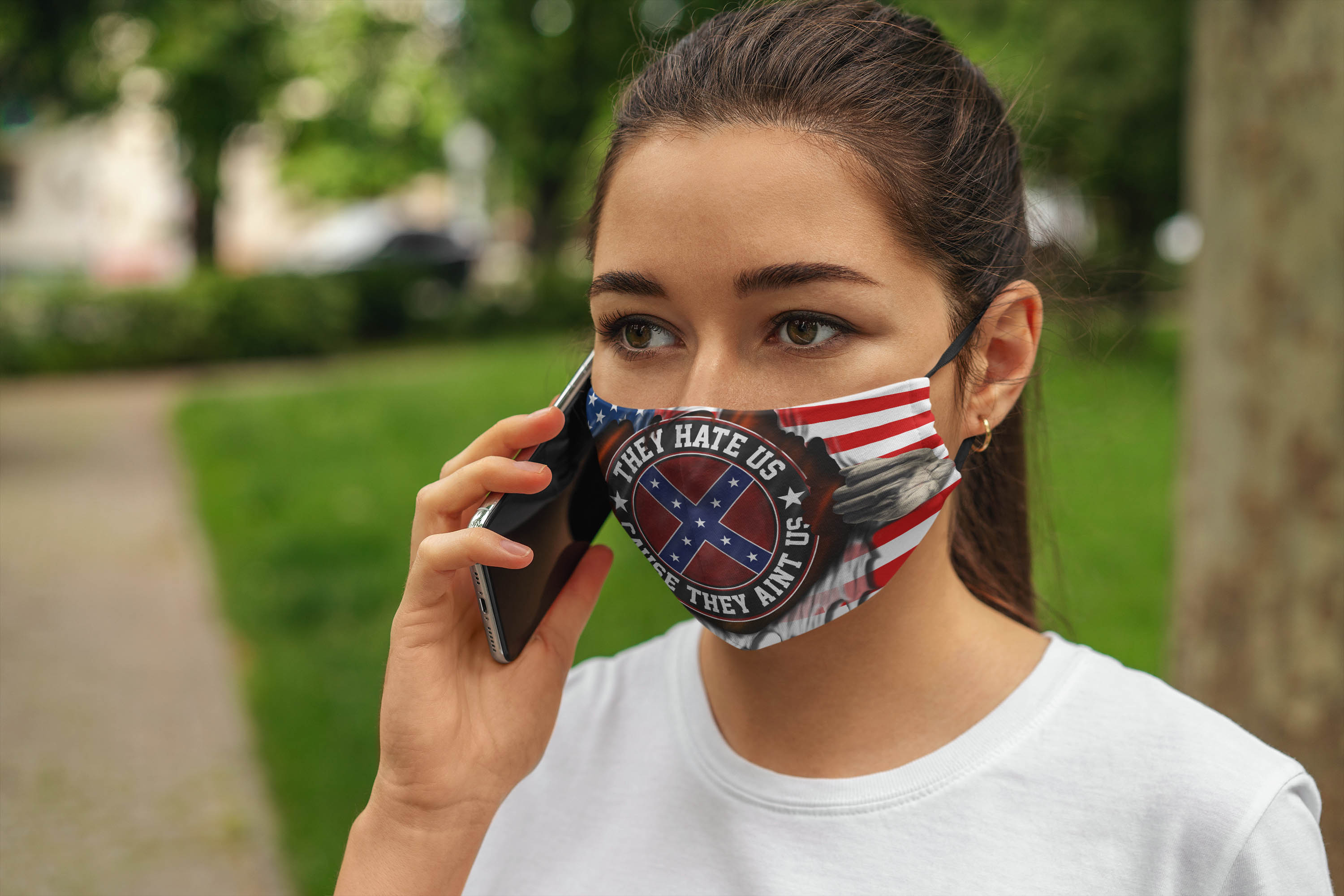 American Confederate Flag They Hate Us Cause They Ain't Us 4th July Washable Reusable Custom – Printed Cloth Face Mask Cover Woman Mockup