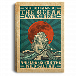 She Dreams Of The Ocean Late At Night Mermaid Framed Canvas Prints - Unframed Poster - Home Decor Wall Art, White, 0.75'' Framed Canvas