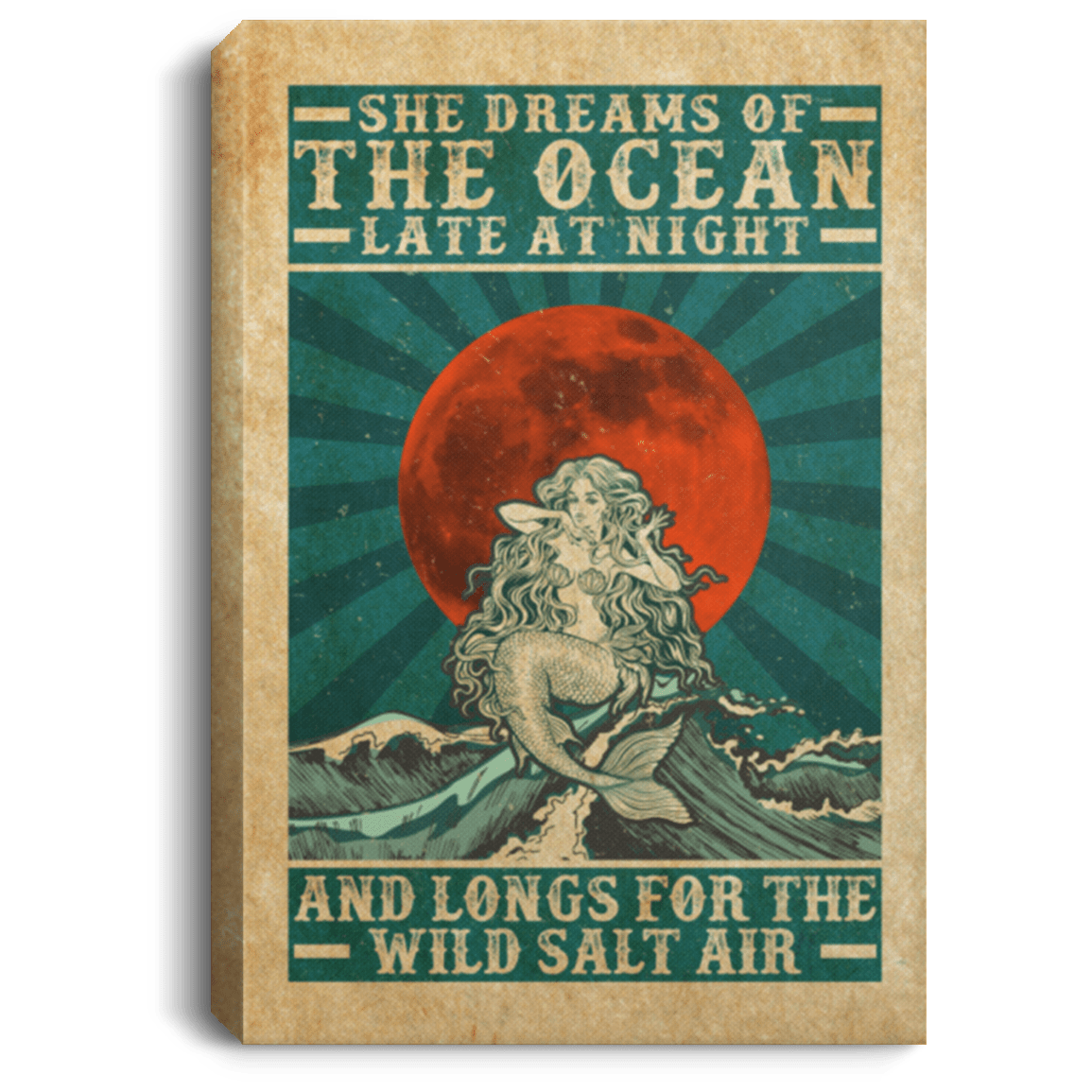 She Dreams Of The Ocean Late At Night Mermaid Framed Canvas Prints - Unframed Poster - Home Decor Wall Art, White, 0.75'' Framed Canvas