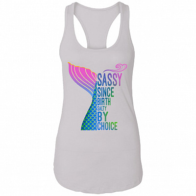 Mer-Maid Sassy Since Birth Salty by Choice Sarcasm Beach Lover Tank Top Tee - Ladies Racerback Tank, White, Ladies Racerback Tank