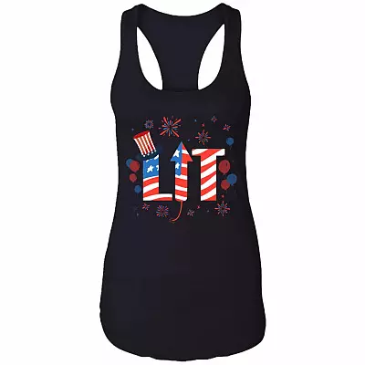 Lit Tank Top Funny 4th Of July Tank Top American Flag Tank Top - Fireworks Firecracker Tank Top, Black, Ladies Racerback Tank