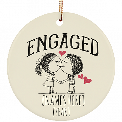 Personalized Engagement Ornament Porcelain Ceramic Circle Ornament Keepsake - Engaged Couples Gift, White, Ceramic Circle Ornament