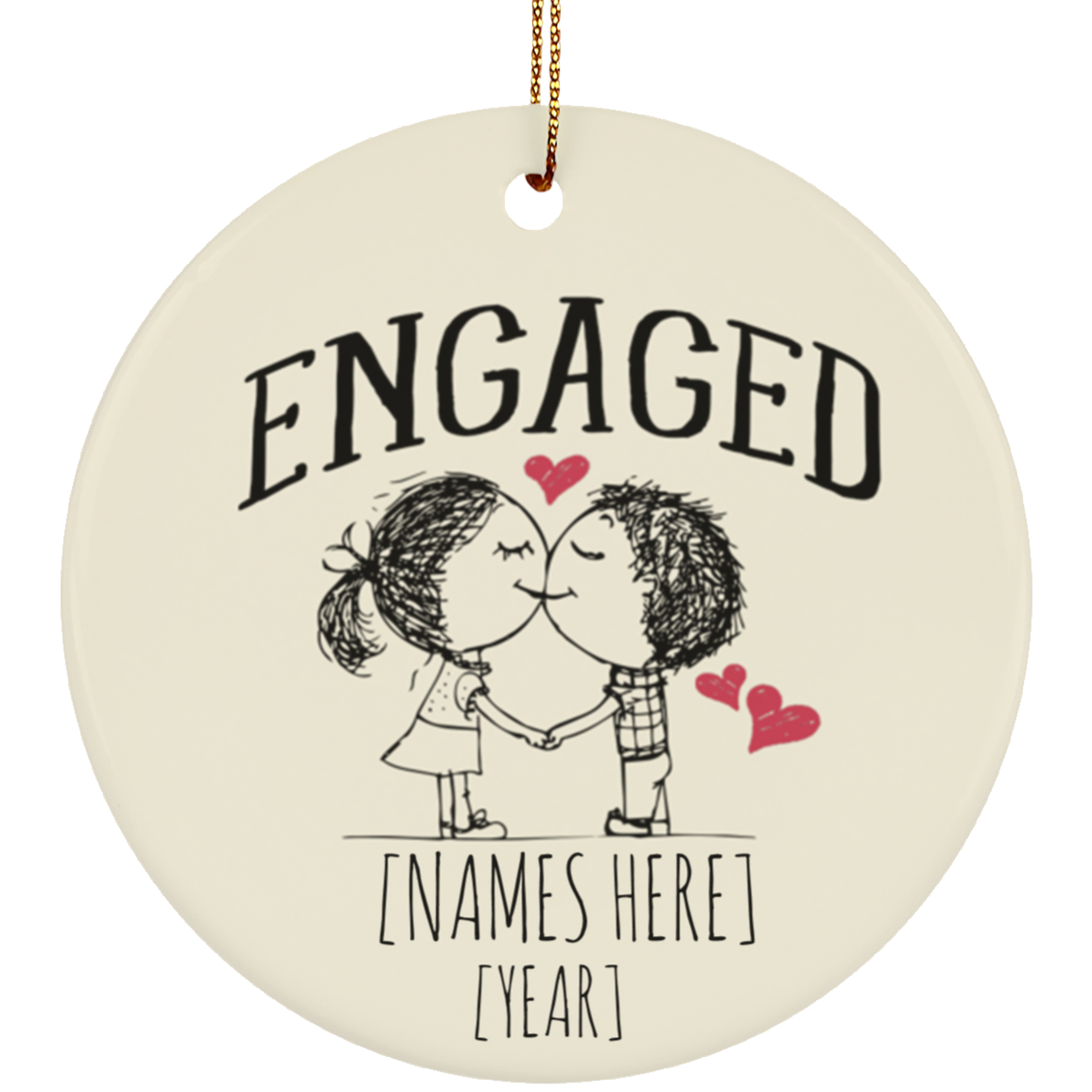 Personalized Engagement Ornament Porcelain Ceramic Circle Ornament Keepsake - Engaged Couples Gift, White, Ceramic Circle Ornament