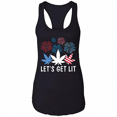 Let's Get Lit Tank Top - 4th of July Tank Top - Funny Weed USA American Flag Marijuana Cannabis Tank Top, Black, Ladies Racerback Tank