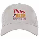 Titties And Beer That's Why I'm Here Twill Cap – High-Profile Snapback Hat, White, Brushed Twill Dad Cap