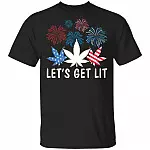 Let's Get Lit T-Shirt - 4th of July T-Shirt - Funny Weed USA American Flag Shirt Marijuana Cannabis Shirt, Black, Unisex T-Shirt