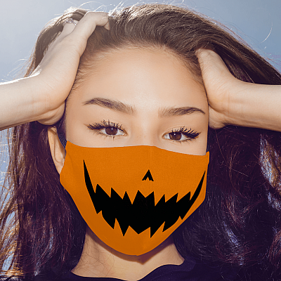 Alternative view of Pumpkin Halloween Jack O Lantern Mask Washable Reusable Custom – Printed Cloth Face Mask Cover