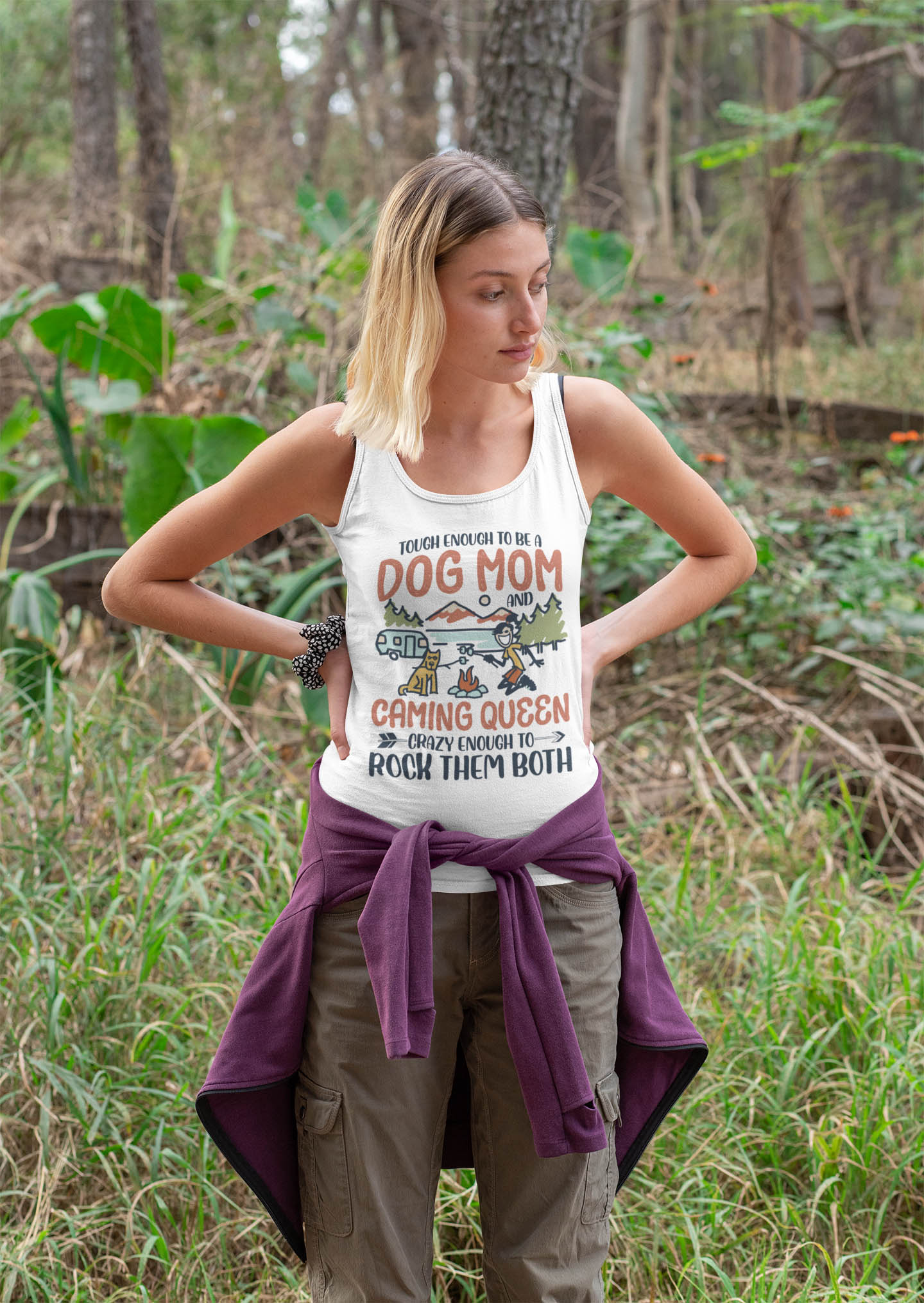 Tough Enough To Be A Dog Mom & Camping Queen Ladies Racerback Tank - Funny Happy Camper Dog Mom Tank Top Tee-tank-top-mockup-featuring-a-woman-in-the-woods