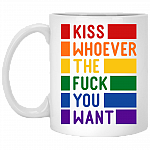 Kiss Whoever The Fck You Want Coffee Mug - Beer Stein - Water Bottle - LGBT Pride Gift Mug, White, 11 oz. White Mug