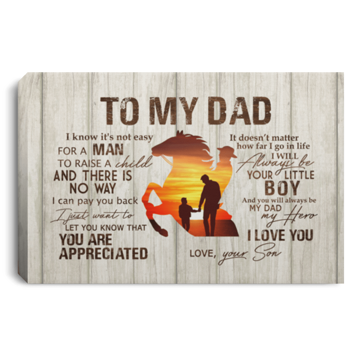 From Son To My Dad It's Not Easy To Raise A Child Horse Canvas Poster - Father's Day Horse Riding Wall Art, White, 0.75'' Framed Canvas