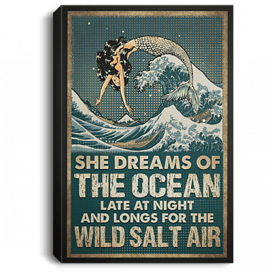 Vintage Mermaid She Dreams of the Ocean Late at Night Framed Canvas - Unframed Poster - Home Decor Wall Art, White, 0.75'' Framed Canvas