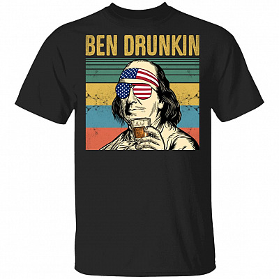 Ben Drunkin Drinking Beer Vintage Retro T-Shirt - Funny Ben Franklin Shirt, Black, Unisex T-Shirt