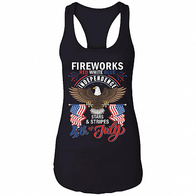 Fireworks Red White Blue Independence Star And Stripes 4th Of July Cotton Tank Top Tee - Racerback Tank, Black, Ladies Racerback Tank