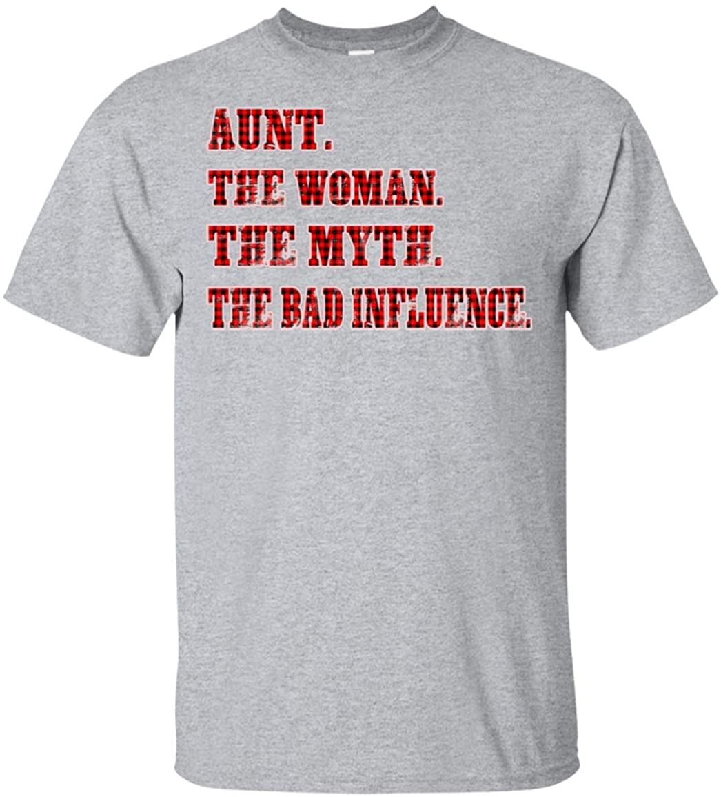 Aunt The Woman The Myth The Bad Influence Plaid Checked T-Shirt - Auntie Aunt Niece Family Tee Shirt, Unisex T-Shirt, Sport Grey