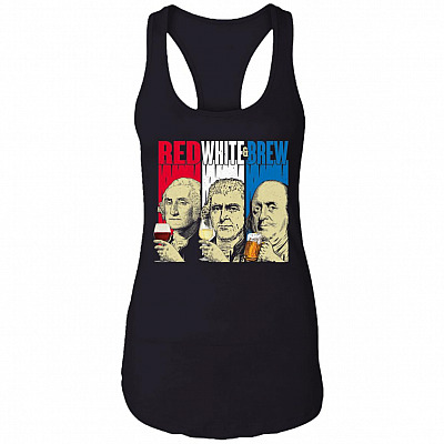 Red White And Brew Drinking Tank Top - 4th of July Tank Top - Funny USA Independence Day American Tank Top, Black, Ladies Racerback Tank