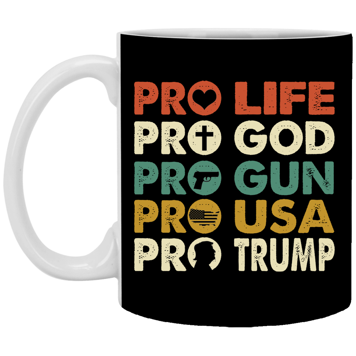 Trump 2020 Mug Pro Life God Gun USA MAGA Vintage Trump Mug - Patriotic American Support Trump Mug, Black, 11 oz. White Mug Trump 2020 Mug Pro Life God Gun USA MAGA Vintage Trump Mug - Patriotic American Support Trump Mug, Black, 11 oz. White Mug
