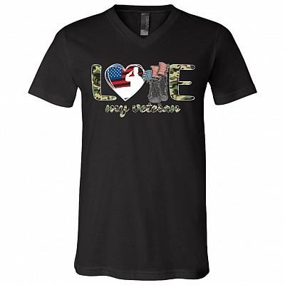 Love My Veteran - Veterans Day - Proud Patriotic Gift American Flag USA T-Shirt - V-Neck, Black, V-Neck T-Shirt