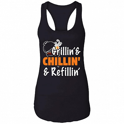 Grillin' and Chillin' and Refillin' Cotton Tank Top Tee - Ladies Racerback Tank for Women, Black, Ladies Racerback Tank