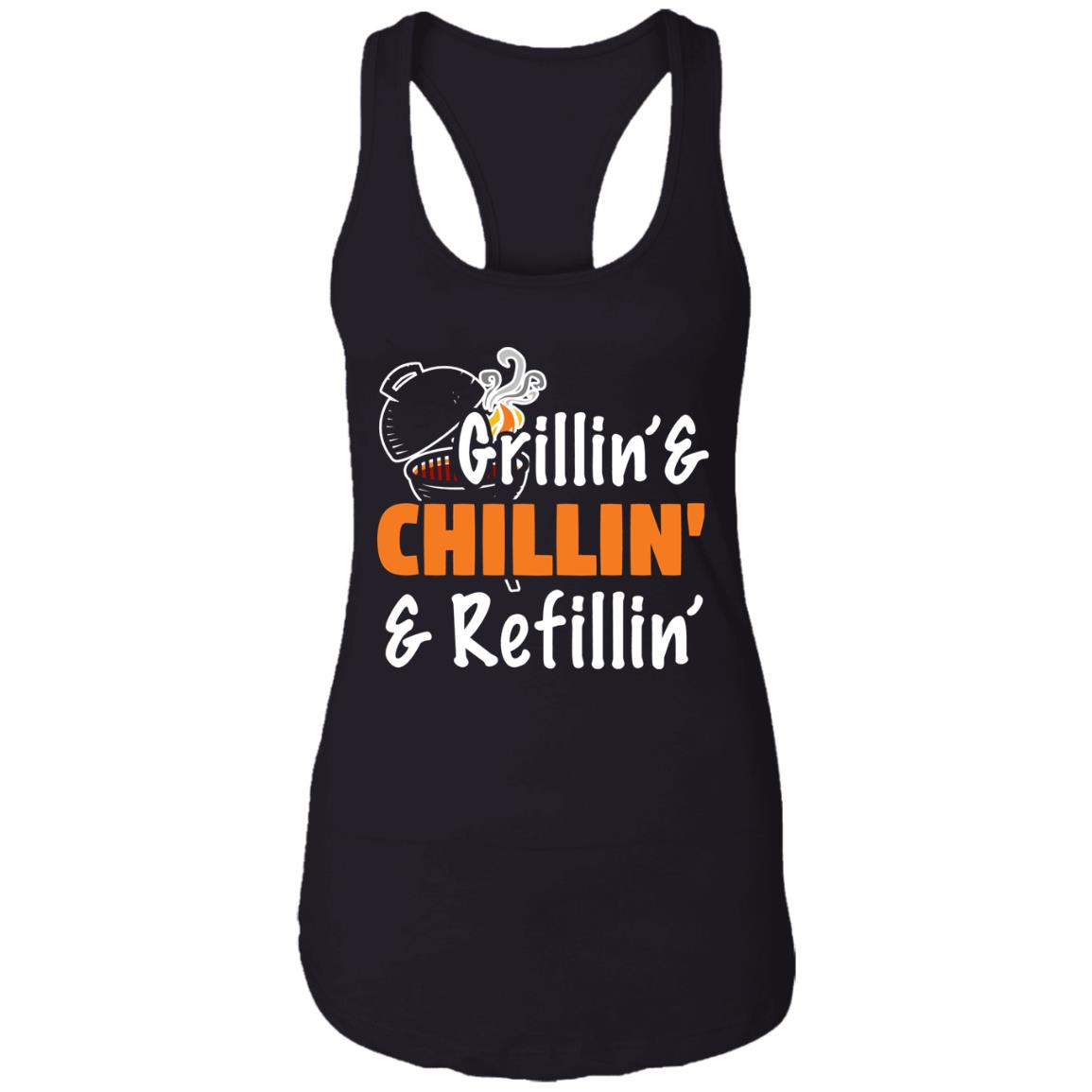 Grillin' and Chillin' and Refillin' Cotton Tank Top Tee - Ladies Racerback Tank for Women, Black, Ladies Racerback Tank