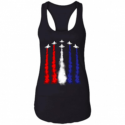 Airplane Jet Fighter 4th of July Tank Top - Patriotic USA American Flag Tank Top - Red White Blue Tank Top, Black, Ladies Racerback Tank