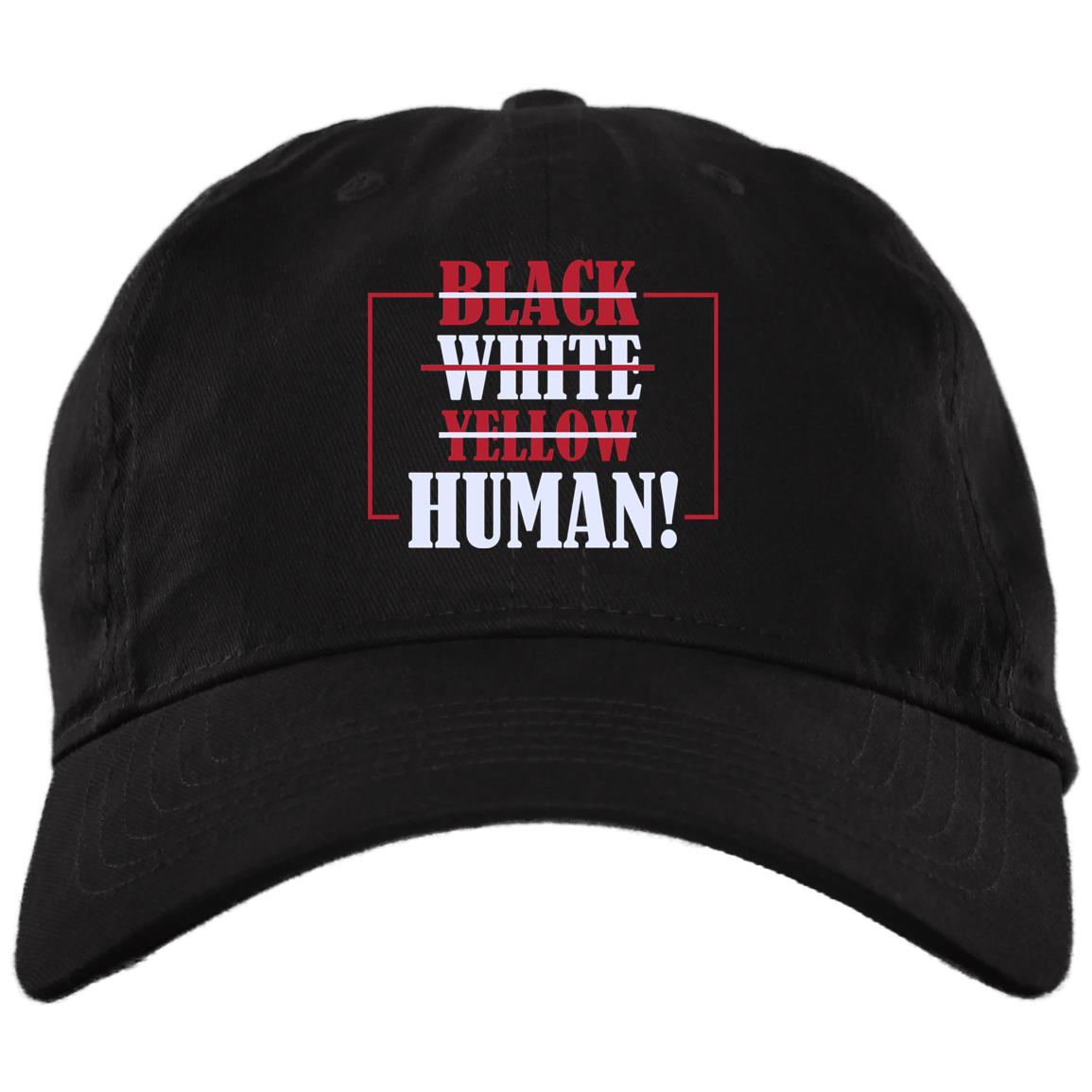 Black White Yellow Human Anti Racist Twill Cap - High-Profile Snapback Hat, Black, Brushed Twill Dad Cap
