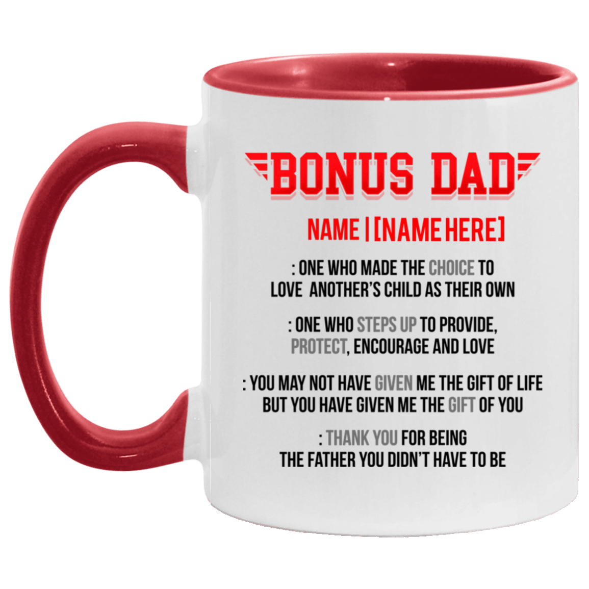 Personalized Bonus Dad Definition Accent Mug - Unique Bonus Dad Gift, White/Red, 11 oz. Accent Mug