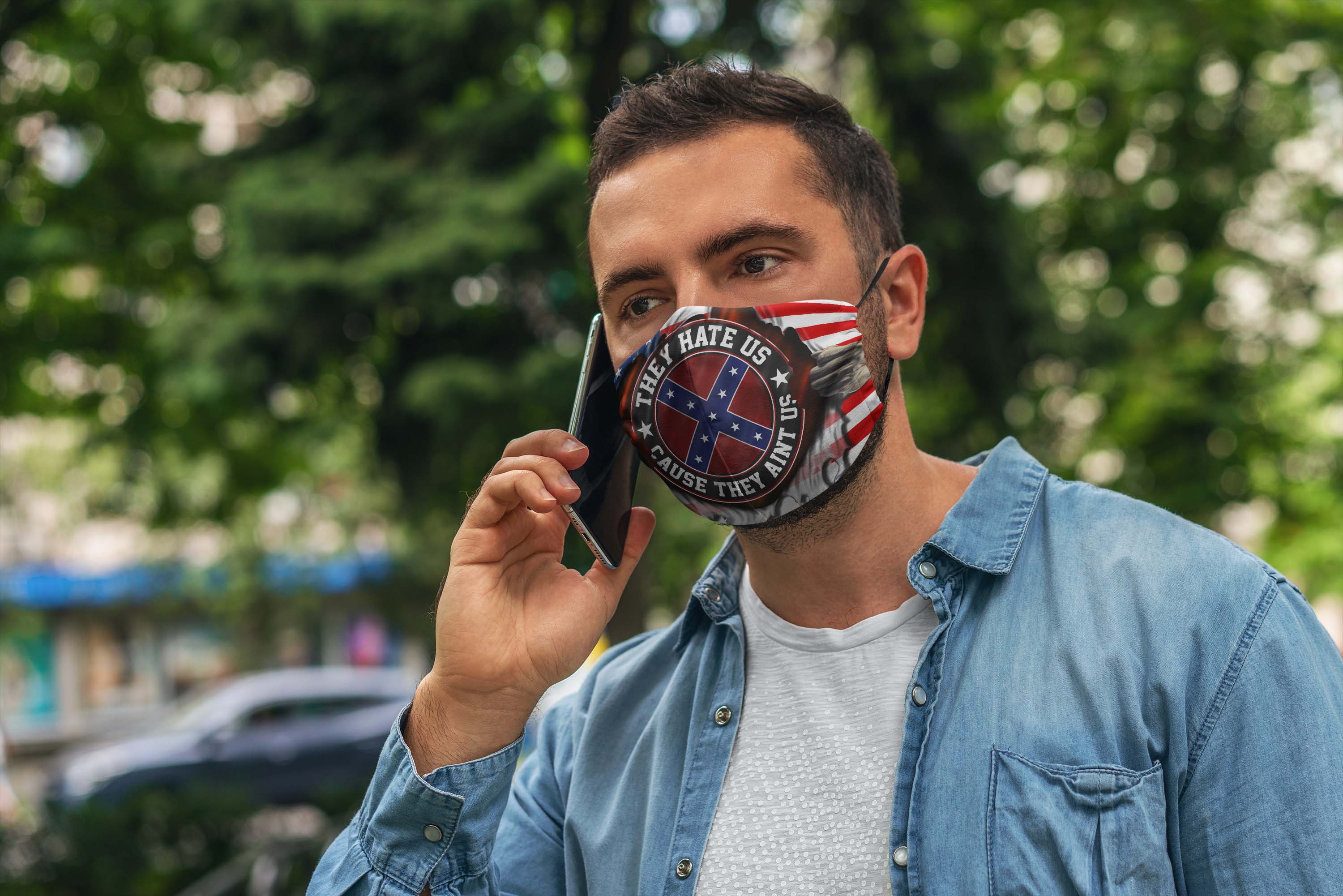 American Confederate Flag They Hate Us Cause They Ain't Us 4th July Washable Reusable Custom – Printed Cloth Face Mask Cover Man Mockup