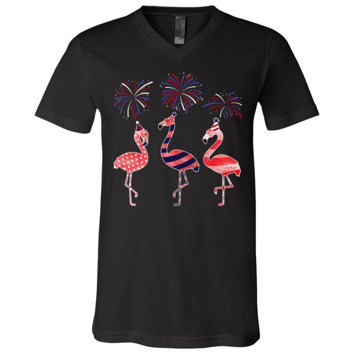 Happy Forth of July Day 2020 Flamingo Drinking Shirt- Proud 4th of July America Flag Flamerica Flamingo Shirt, Black, V-Neck T-Shirt