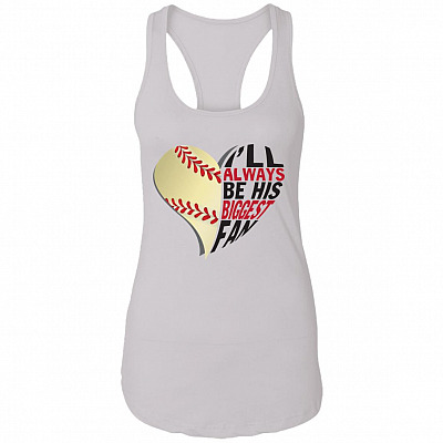 Baseball Mom Tank Top - I"ll Always Be His Biggest Fan Tank Top - Baseball Heart Tank Top, White, Ladies Racerback Tank