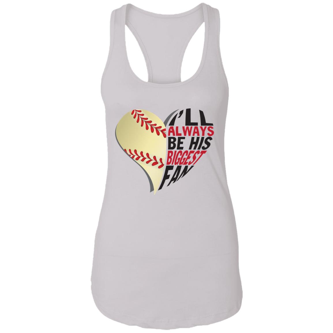 Baseball Mom Tank Top - I"ll Always Be His Biggest Fan Tank Top - Baseball Heart Tank Top, White, Ladies Racerback Tank Baseball Mom Tank Top - I"ll Always Be His Biggest Fan Tank Top - Baseball Heart Tank Top, White, Ladies Racerback Tank