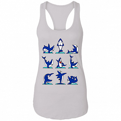 Funny Yoga Shark Cotton Tank Top Tee - Ladies Racerback Tank, White, Ladies Racerback Tank