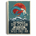 Mermaid She Dreams Of The Ocean Late At Night Canvas Poster - Funny Sarcastic Little Beach Salt Girl Wall Art, White, 0.75'' Framed Canvas