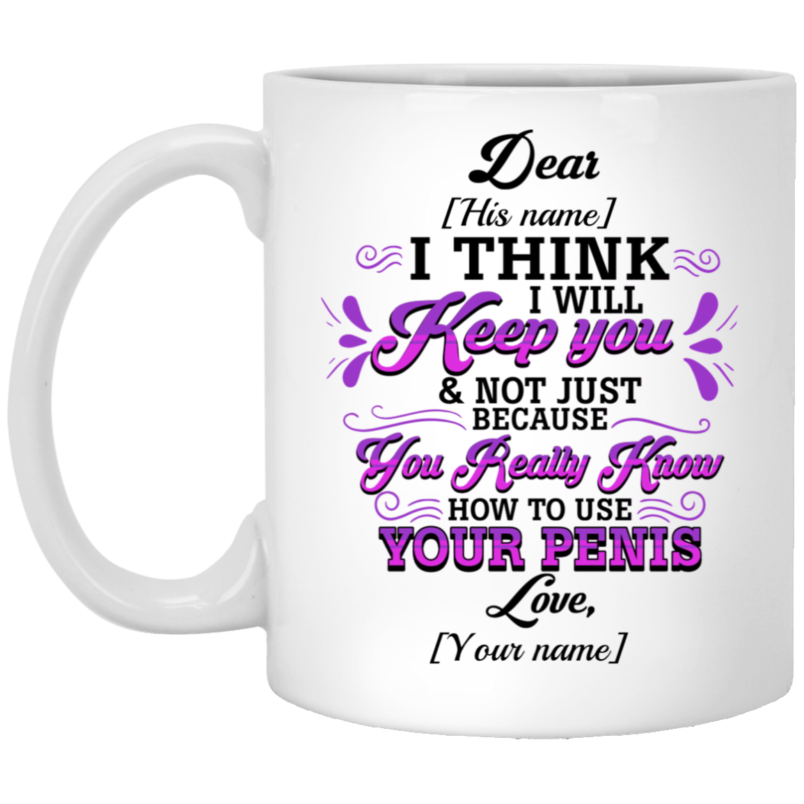 Personalized I Think I Will Keep You - How to Use Your Penis Ceramic Coffee Mug - Beer Stein - Water Bottle, White, 11 oz. White Mug