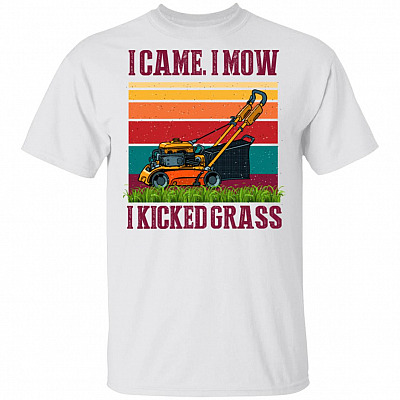 I Came I Mow I Kicked Grass Vintage Retro T-Shirt - Funny Lawn Mower Shirt, White, Unisex T-Shirt