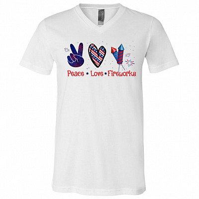 Peace Love Fireworks T-Shirt - V-Neck Tee - Retro American Fourth Of July Shirt, White, V-Neck T-Shirt