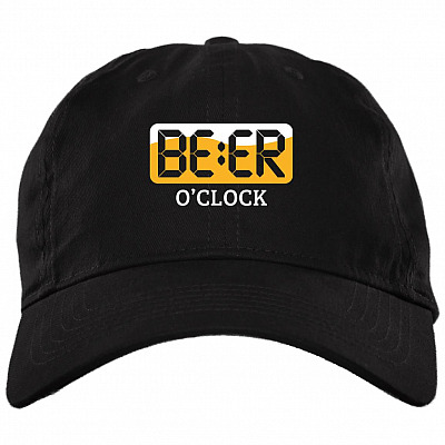 Drinking Beer O'clock BBQ Camping Grilling Twill Cap Hat - Funny Beer Lover Saying High-Profile Snapback Hat, Black, Brushed Twill Dad Cap